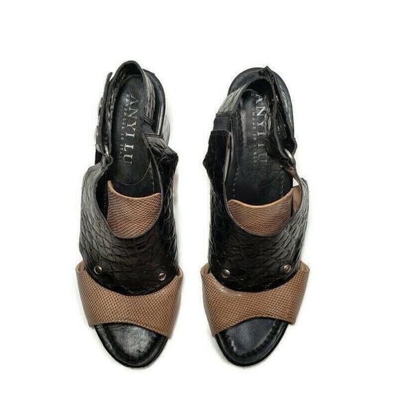 Anyi Lu‎ Sling Back Sandals 8 38 Womens Black Tan Leather Handmade Chunky Heel - Picture 6 of 11